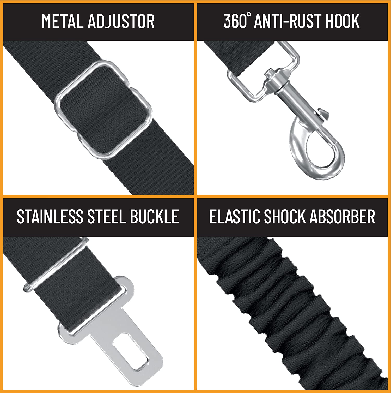 Active Pets car seatbelt is reinforced with stainless hardware for reliability.