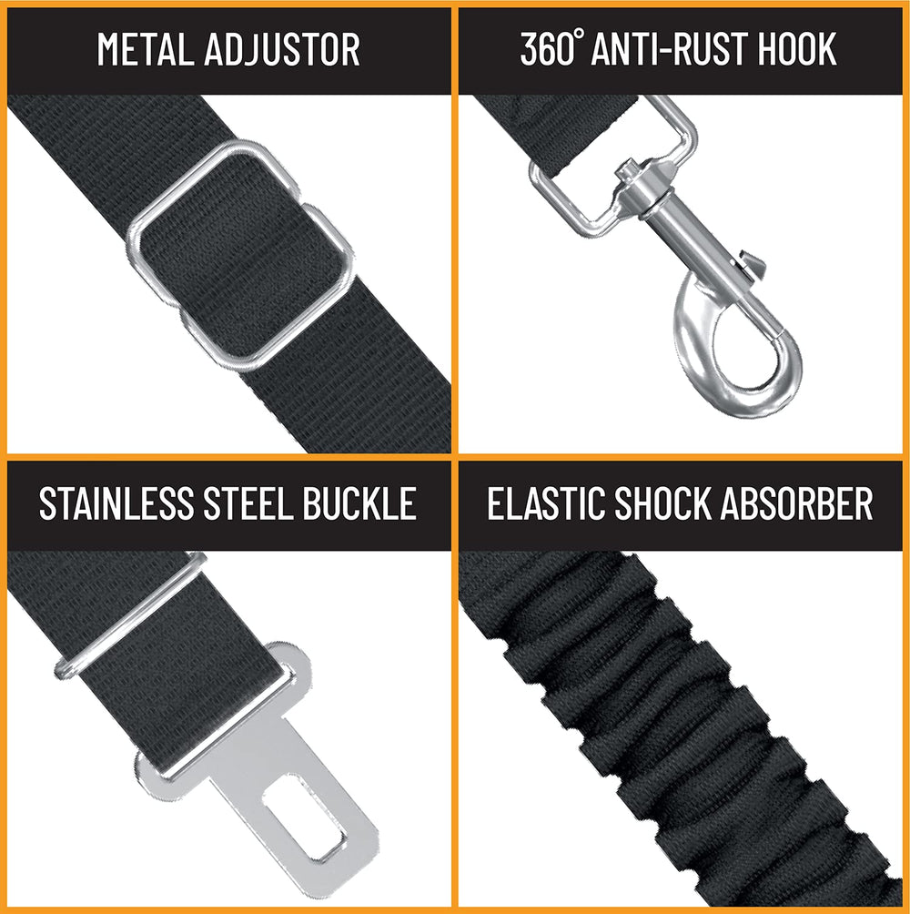 Active Pets car seatbelt is reinforced with stainless hardware for reliability.