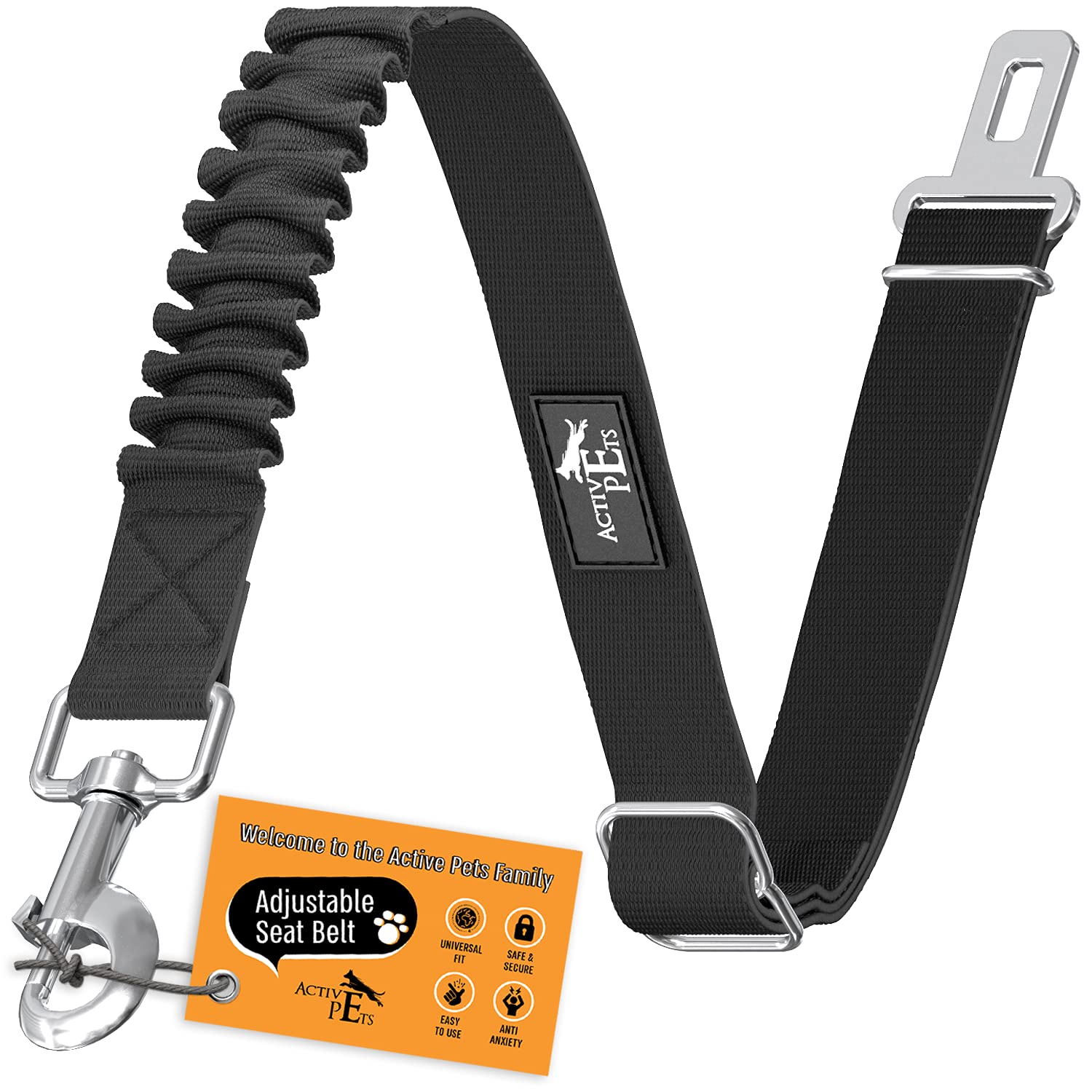 Active Pets dog seatbelt universal buckle in car keeps pets secure.