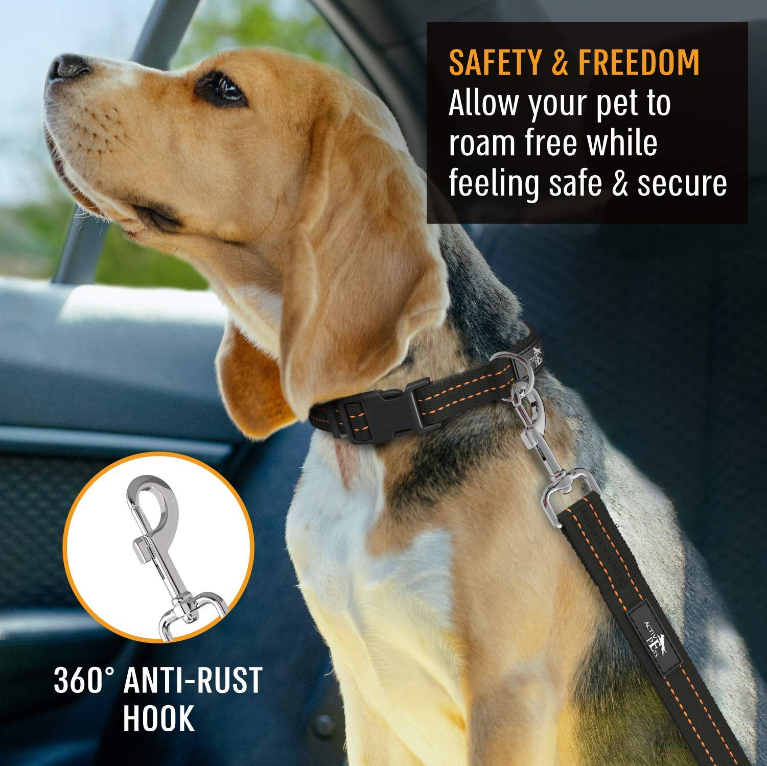 Active Pets orange car seat belt rotating clasp enables comfy repositioning during drives.