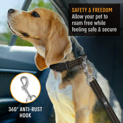 Active Pets orange car seat belt rotating clasp enables comfy repositioning during drives.