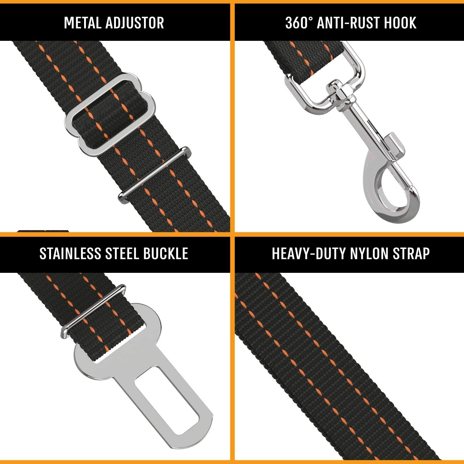 Active Pets orange car seat belt tether adds extra stability on journeys.