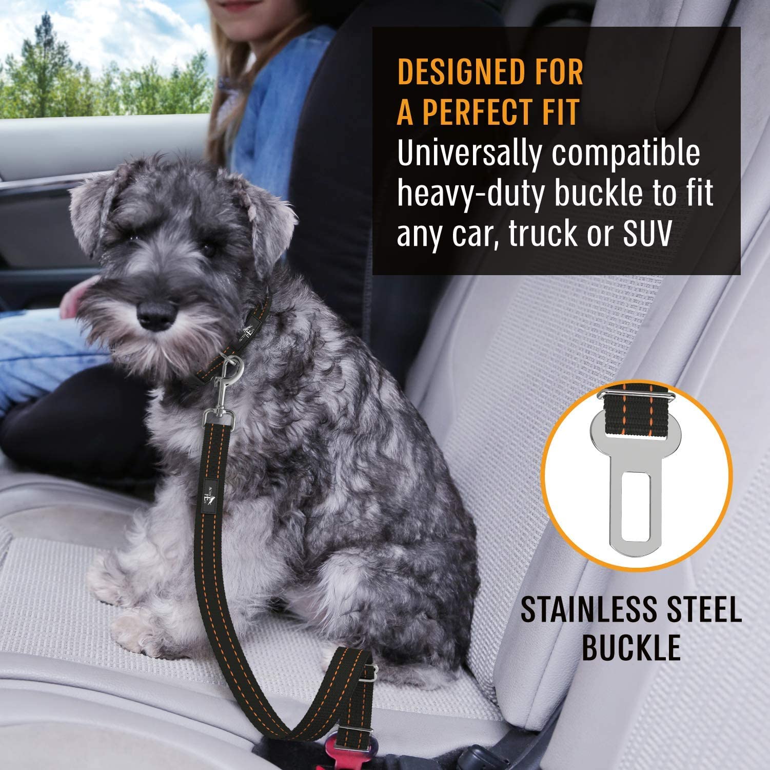 Active Pets orange car seat belt universal fit works in most vehicles.