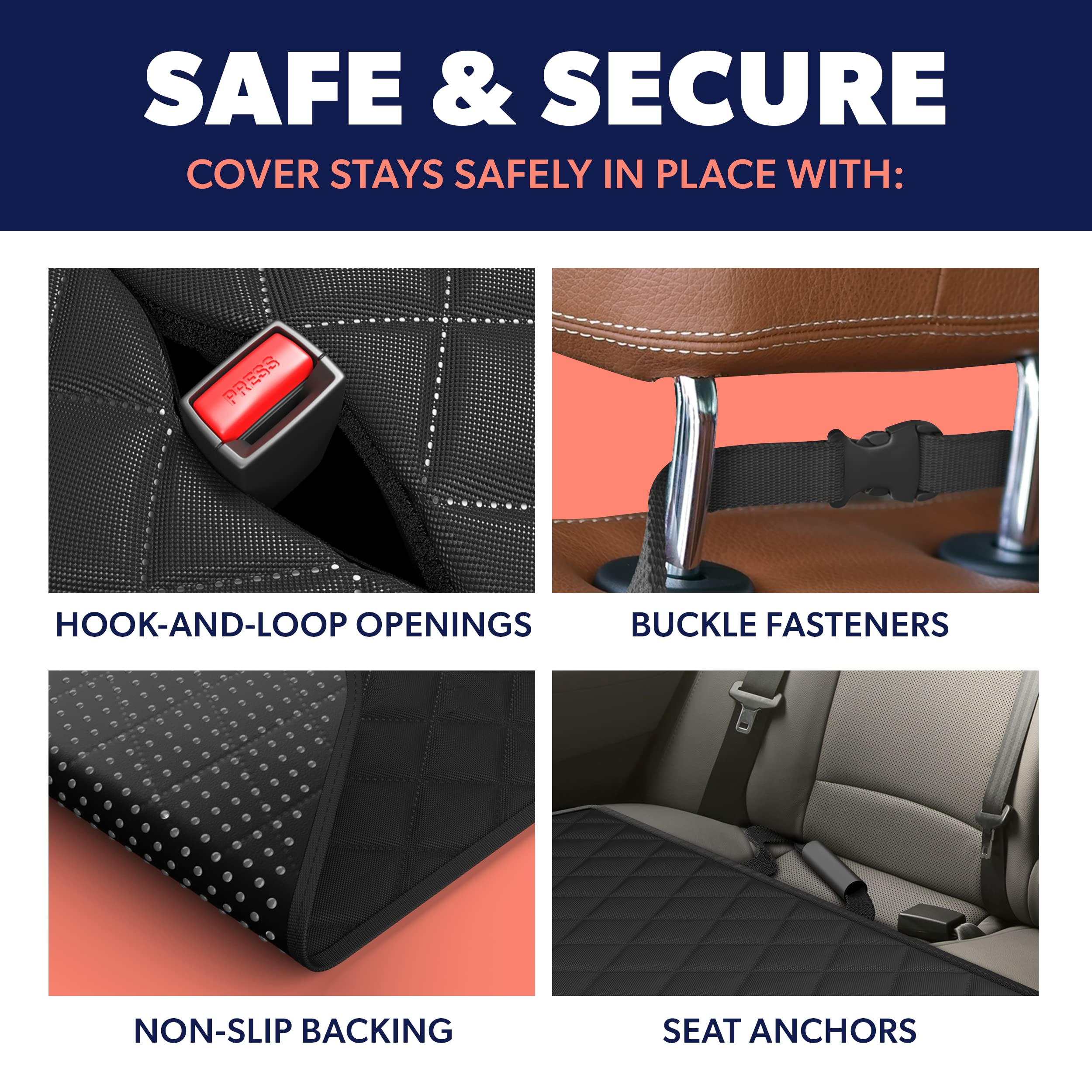 Active Pets seat belt opening enables secure restraint with harness compatibility.