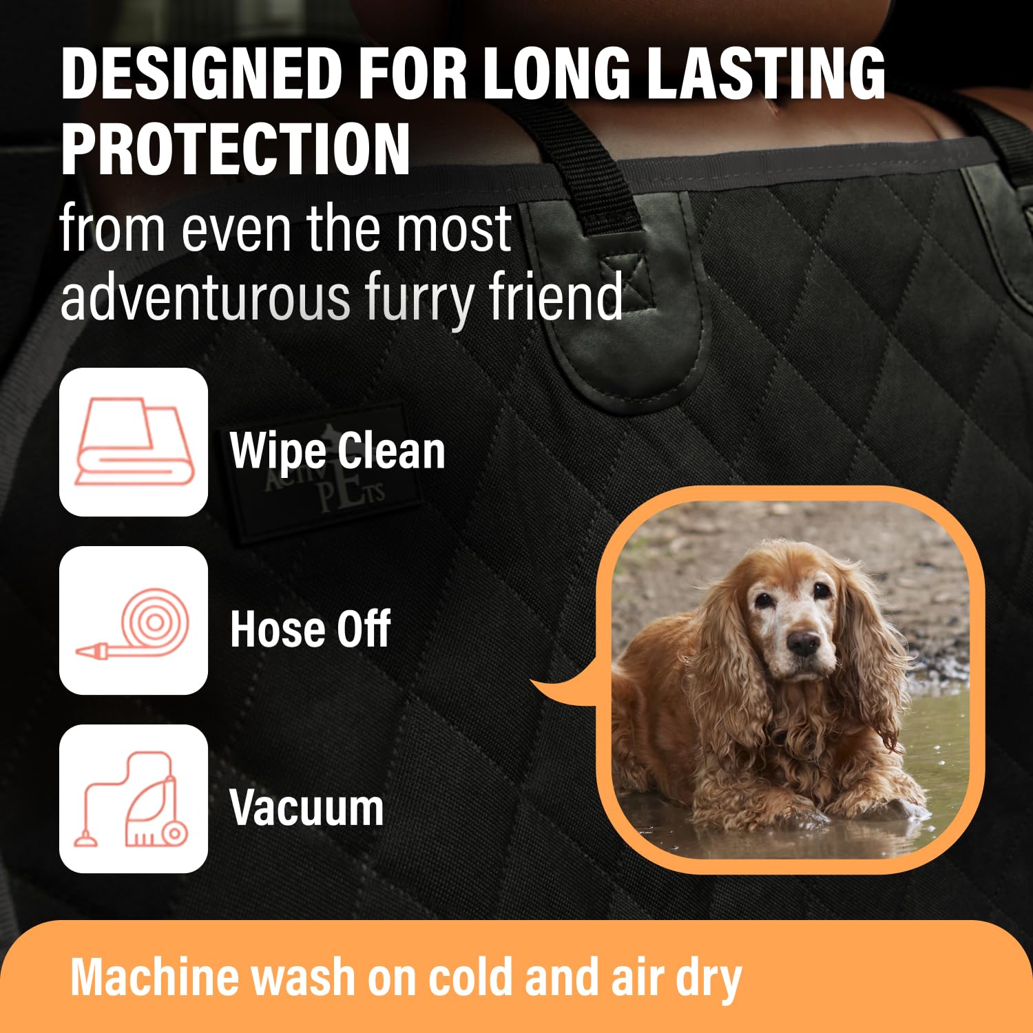 Active Pets seat-protection guards against dirt, mud, hair, and drool.