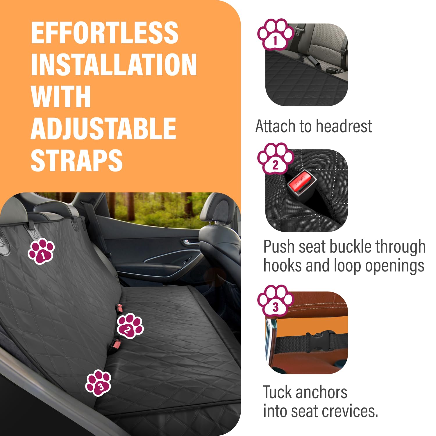 Active Pets universal-fit dog seat cover ensures snug fit in most cars.