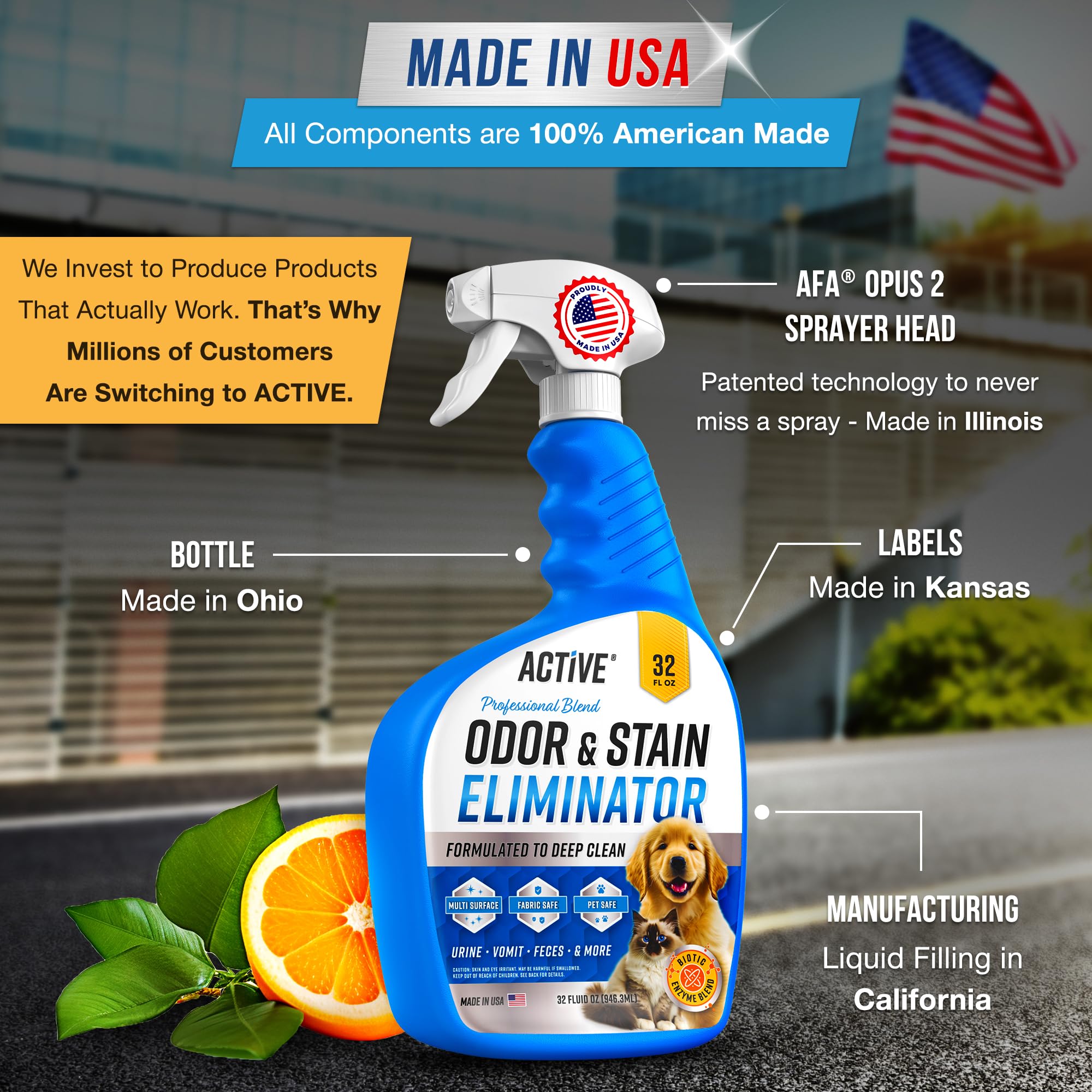 ACTIVE spot-cleaning spray on rug and mattress to refresh surfaces and inhibit odors.