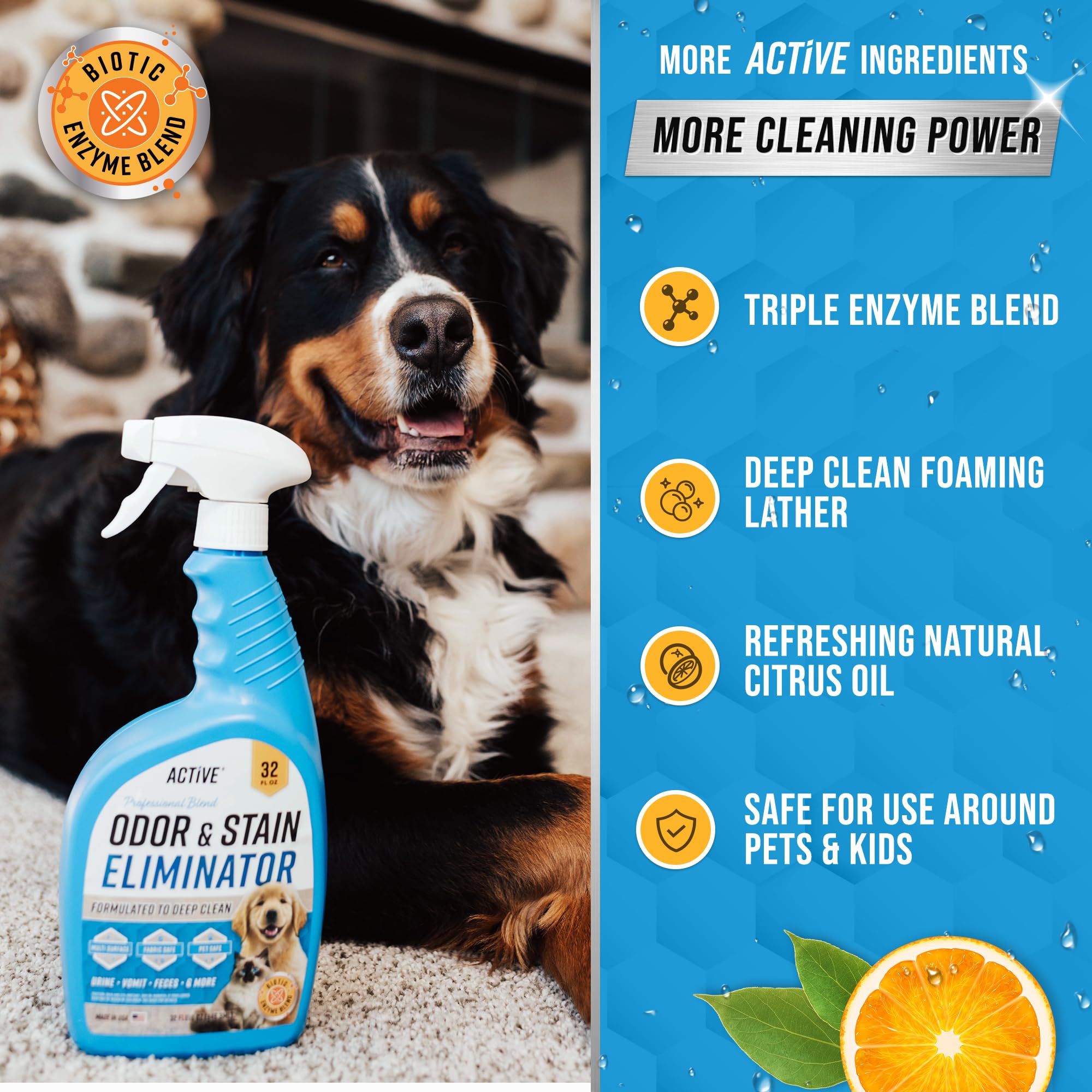 ACTIVE USA-made pet odor spray with citrus scent for versatile room deodorizing.