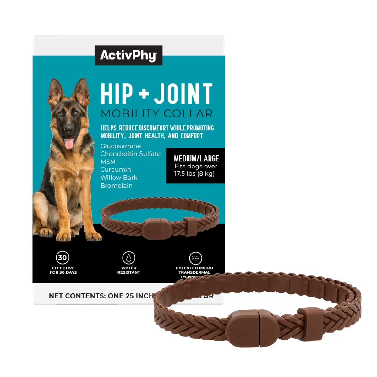 ACTIVPHY hip joint collar dog wearing for potential mobility support.