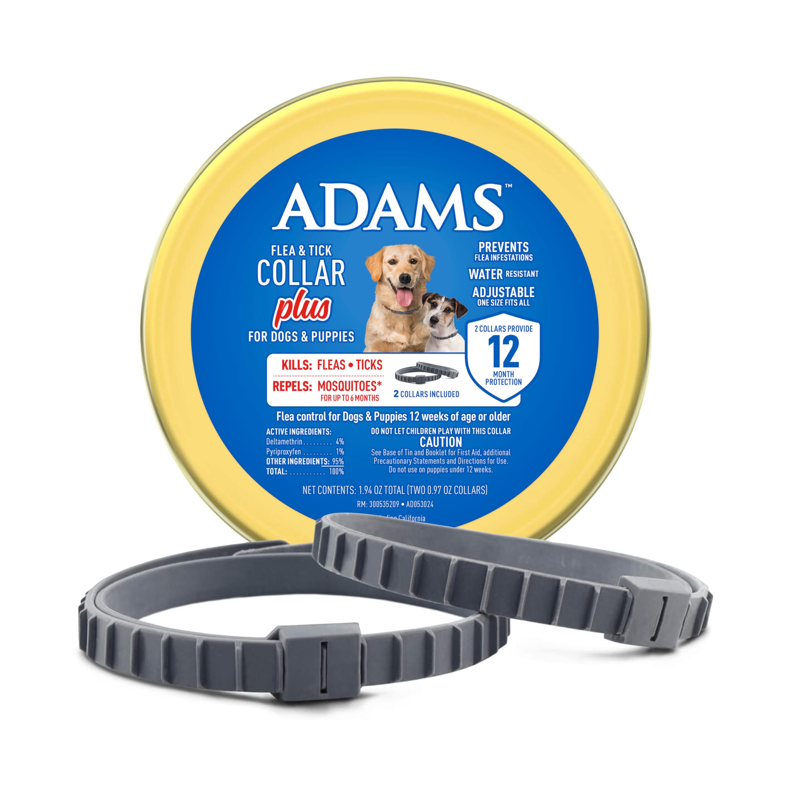 ADAMS Flea & Tick Collar Plus packaging for dogs and puppies with two-pack value.