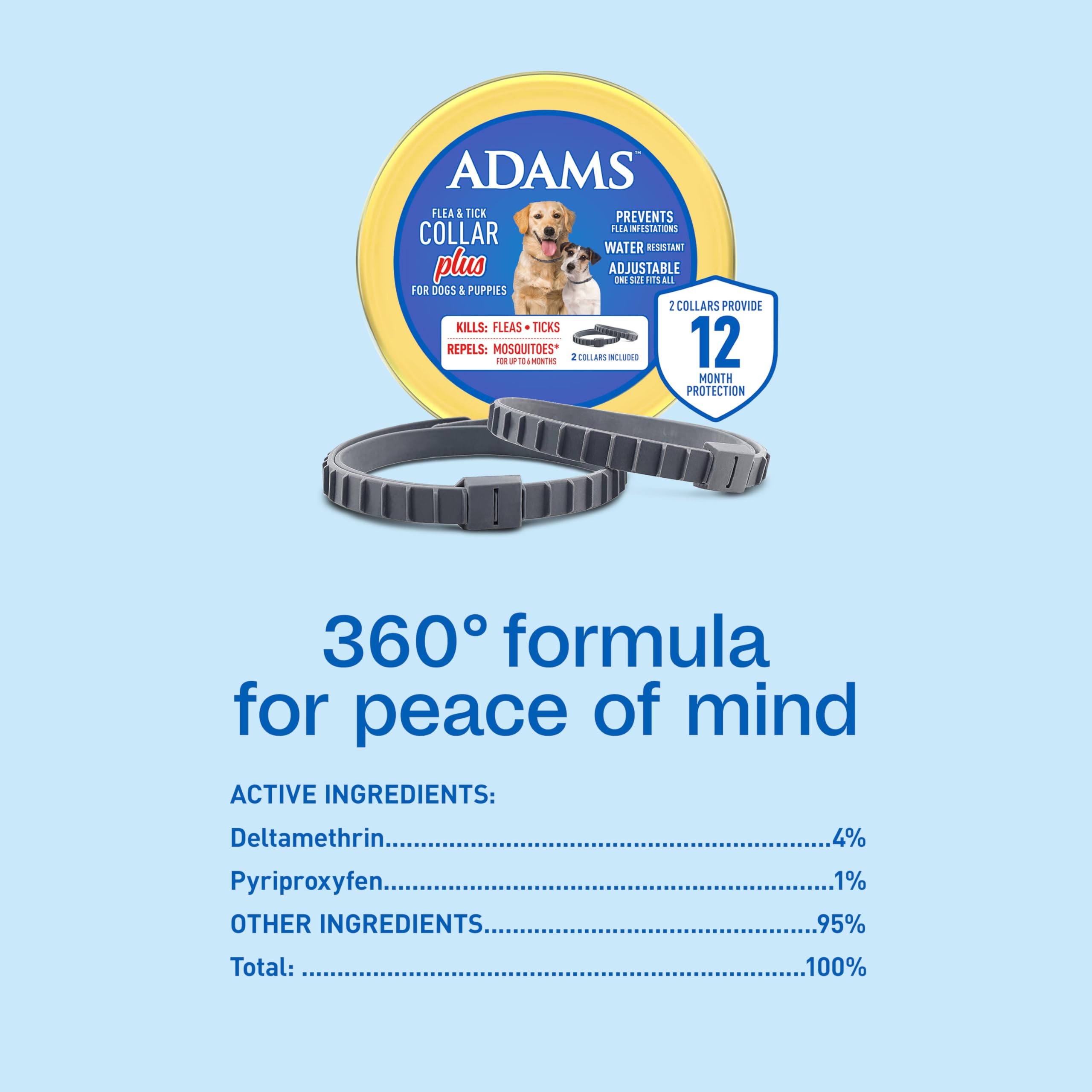 ADAMS Flea & Tick Collar Plus two-pack emphasizes up to 12 months of protection.