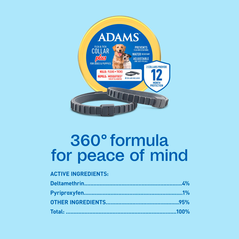 ADAMS Flea & Tick Collar Plus two-pack emphasizes up to 12 months of protection.