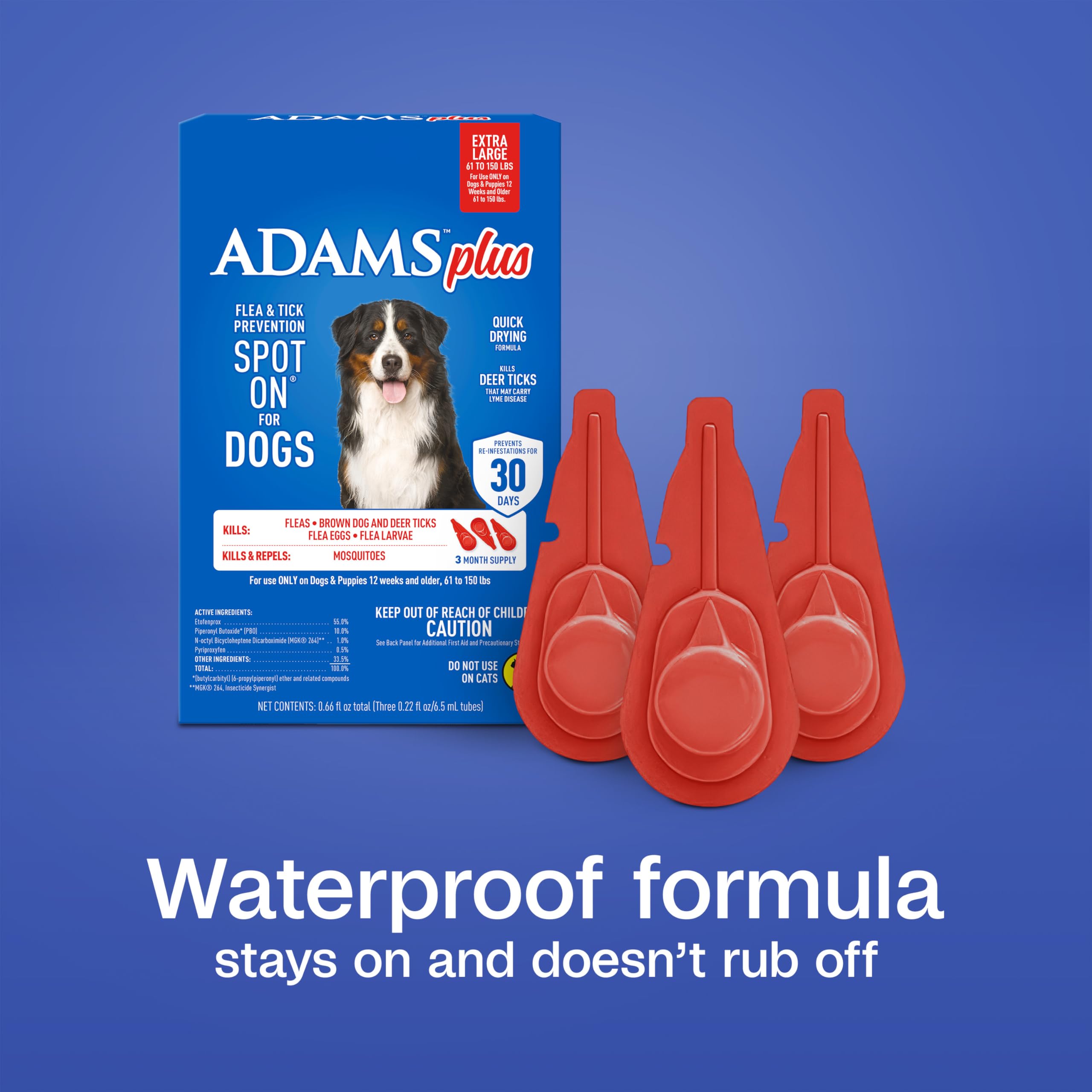 ADAMS Plus extra-large dog label shows suitability for 61–150 pounds.