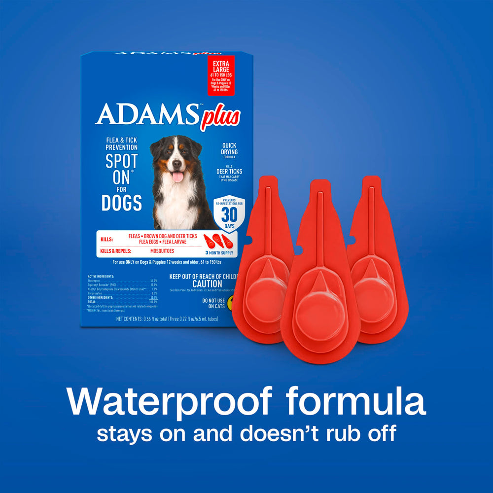 ADAMS Plus extra-large dog label shows suitability for 61–150 pounds.