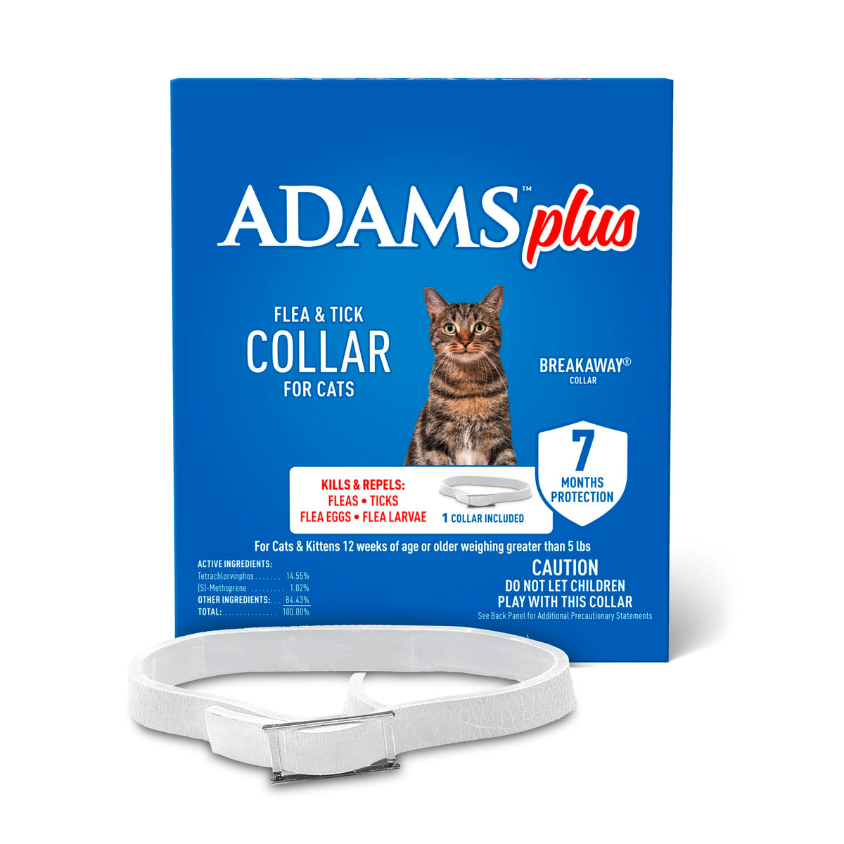 ADAMS Plus flea and tick collar on white cat showing seven months of protection