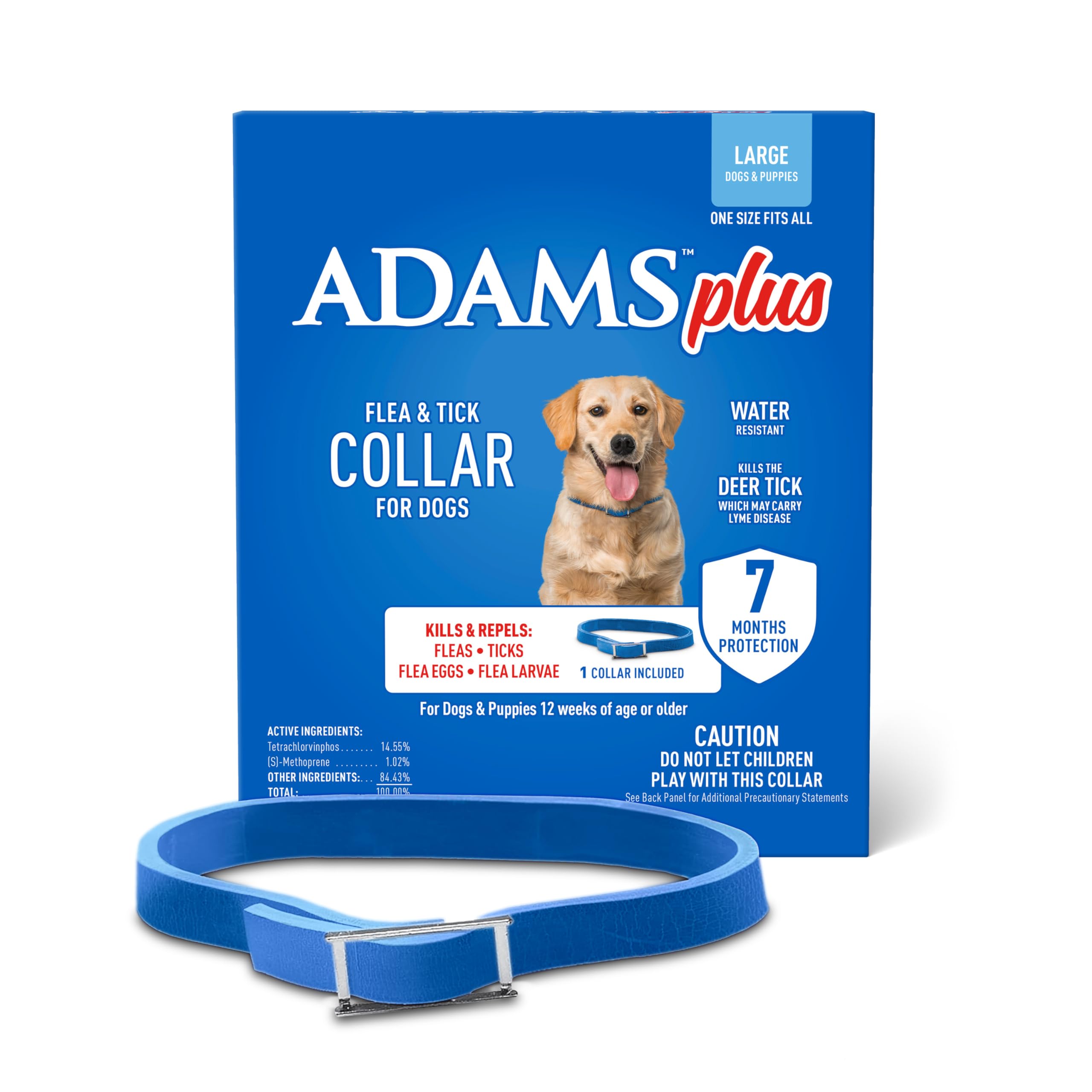 ADAMS Plus flea & tick collar on a dog's neck with adjustable fit for large dogs.