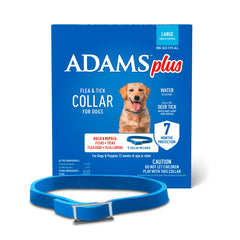 ADAMS Plus flea & tick collar on a dog's neck with adjustable fit for large dogs.