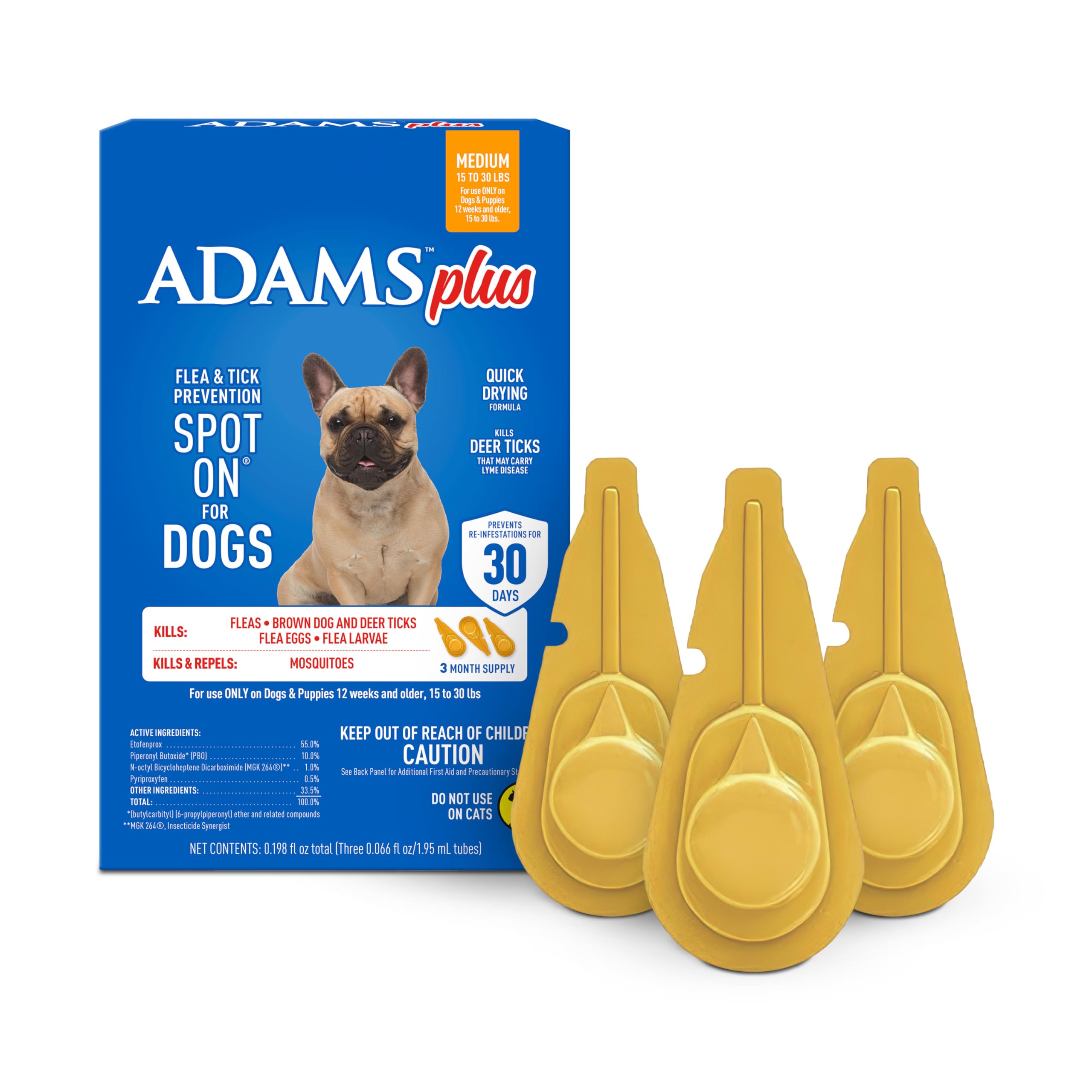 Adams Plus flea-tick spot-on application on a dog's back shows fast flea kill
