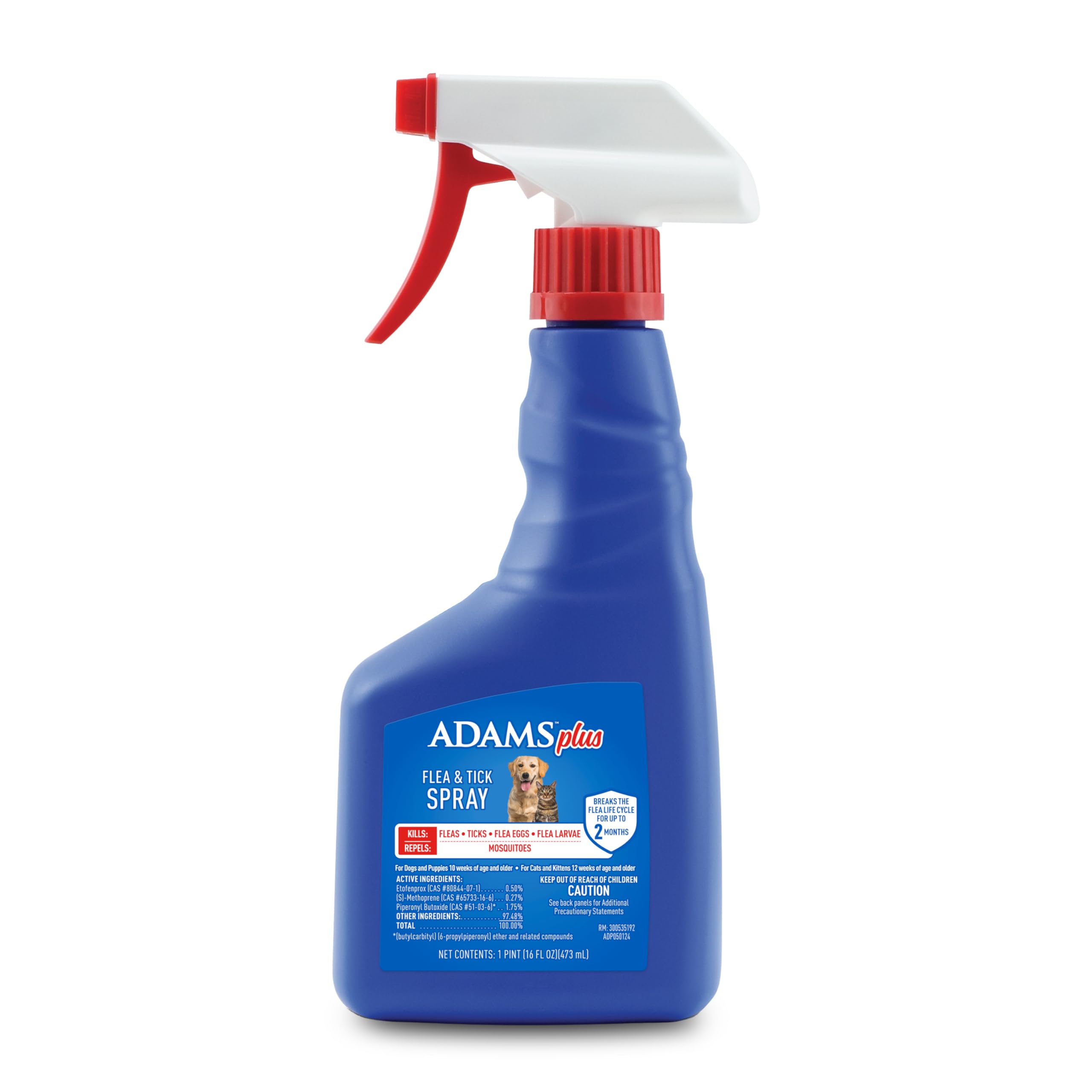 ADAMS Plus Flea & Tick Spray bottle pour shows quick-dry, unscented application.