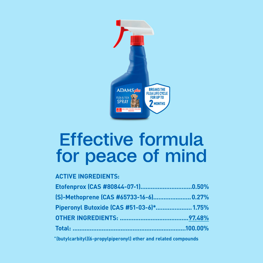 ADAMS Plus Flea & Tick Spray demonstrates easy, trigger-bottle application.