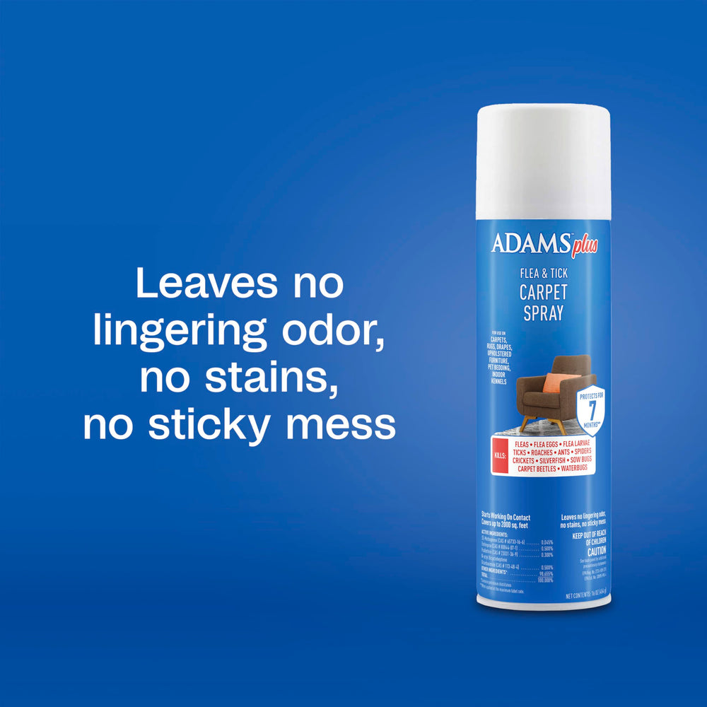 Adams Plus kills adult fleas and ticks on contact in carpets.