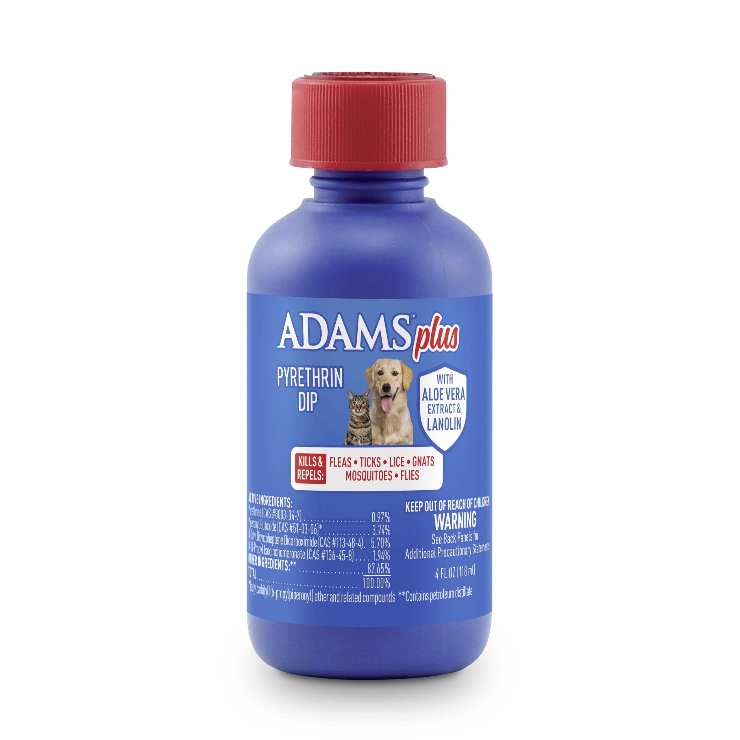 Adams Plus Pyrethrin Dip bottle shows dilution method for flea and tick control