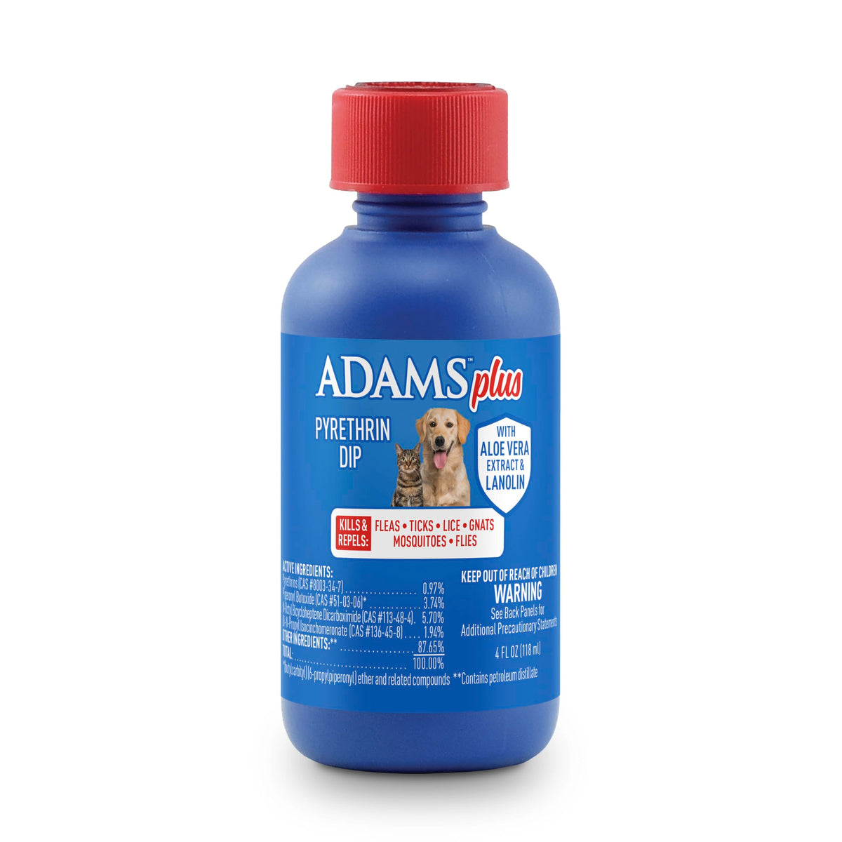 Adams Plus Pyrethrin Dip bottle shows dilution method for flea and tick control