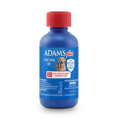 Adams Plus Pyrethrin Dip bottle shows dilution method for flea and tick control