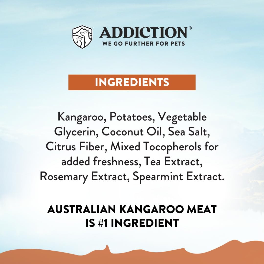 Addiction Meaty Bites no-peas label highlighting clean ingredients and no fillers.