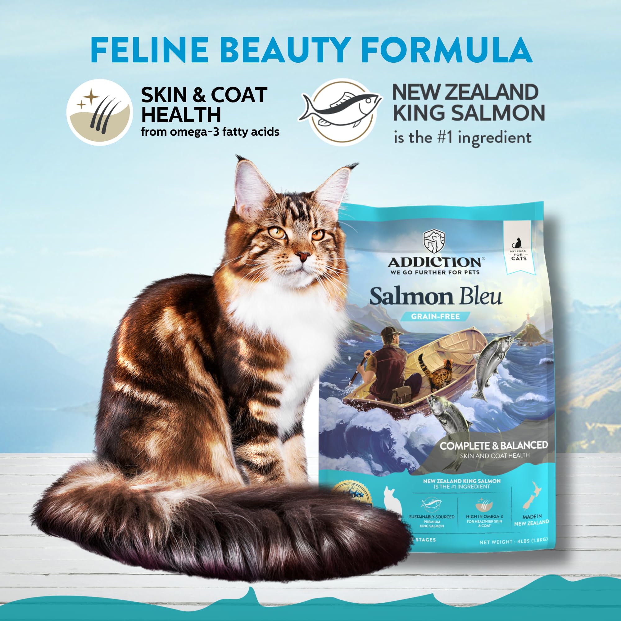 Addiction Salmon Bleu grain-free formula emphasizing hypoallergenic option for sensitive stomachs