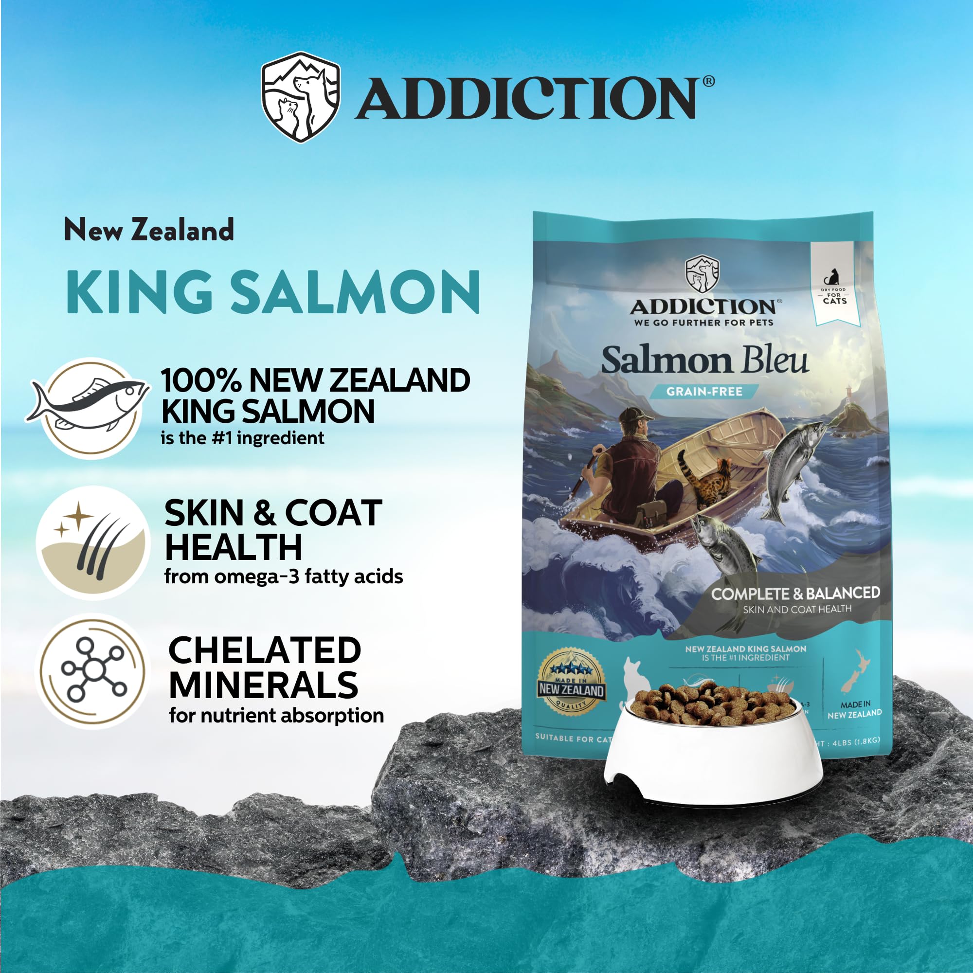 Addiction Salmon Bleu king salmon ingredient close-up highlights omega-3 richness