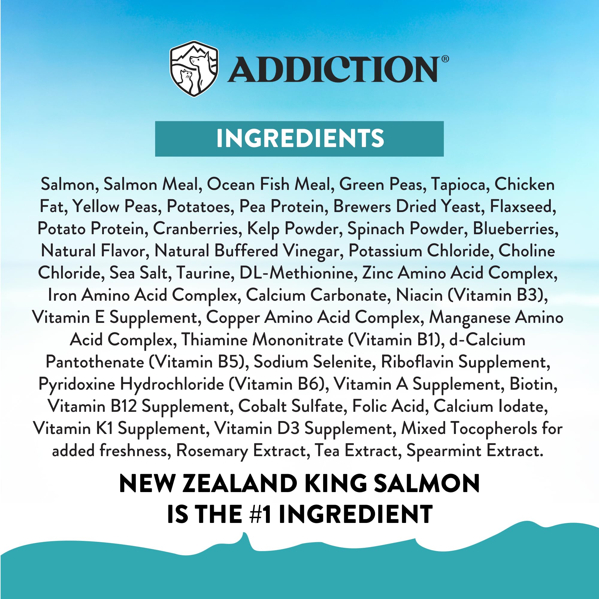 Addiction Salmon Bleu New Zealand origin label underscoring quality sourcing