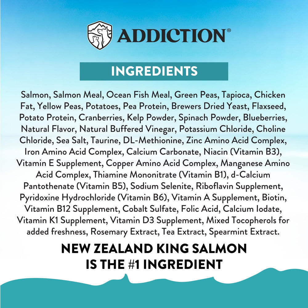 Addiction Salmon Bleu New Zealand origin label underscoring quality sourcing