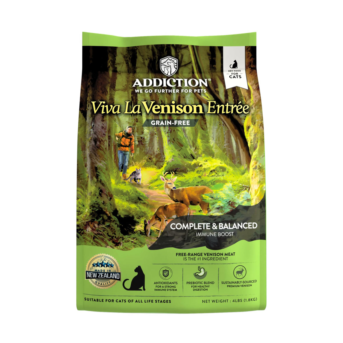 Addiction Viva Venison dry cat food packshot highlighting premium protein for muscle maintenance