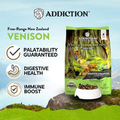 Addiction Viva Venison grain-free kibble closeup showing grain-free formulation for sensitive stomachs