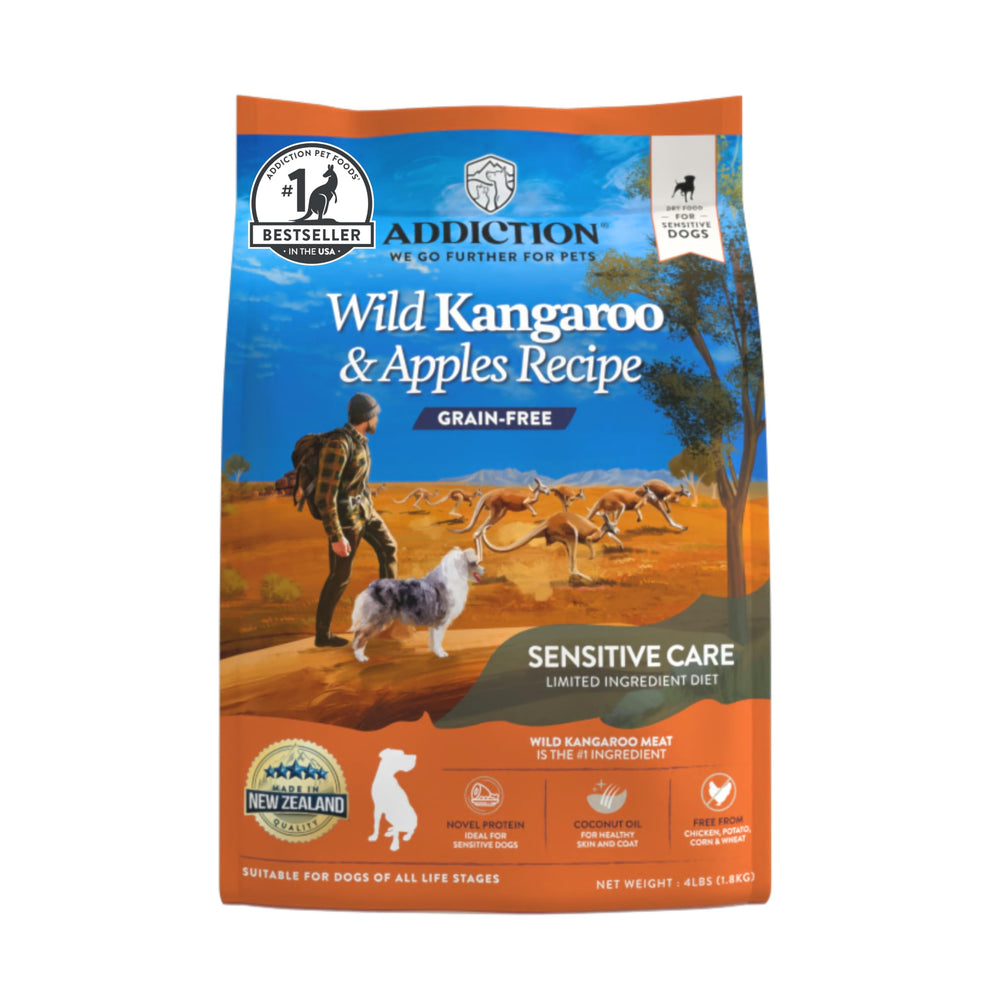 Addiction Wild Kangaroo Apples dry dog food bag showing grain-free recipe for sensitive digestion