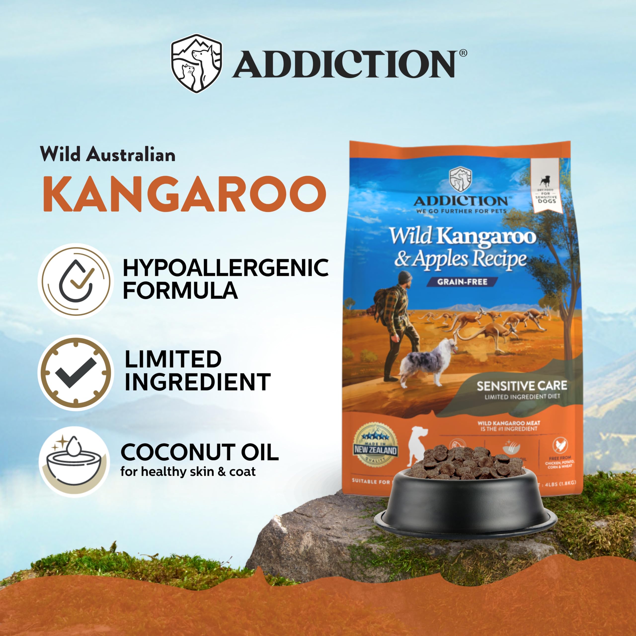 Addiction Wild Kangaroo Apples kibble close-up highlighting novel protein