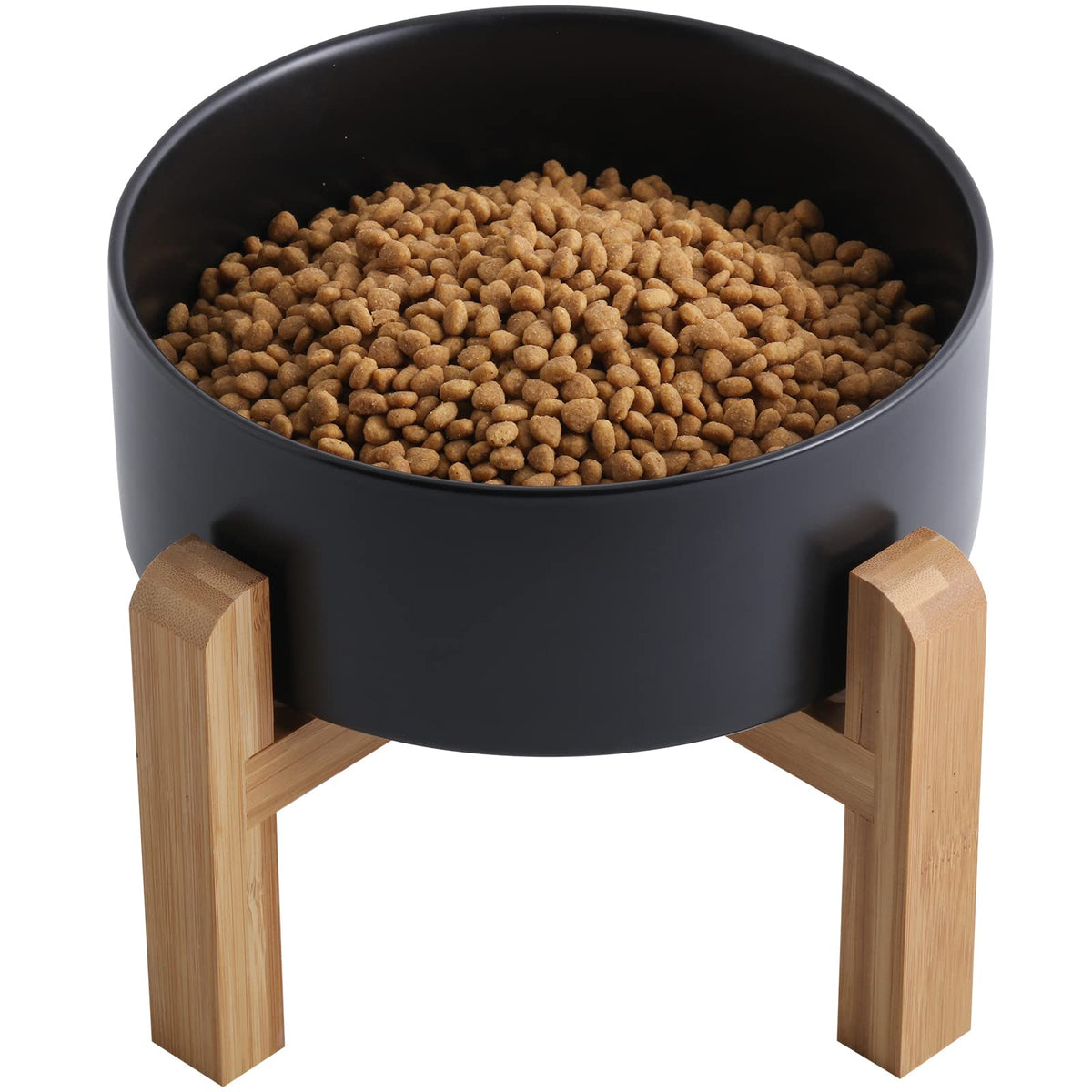 Addogyy black elevated ceramic dog bowl with wood stand for easy, comfortable meals.