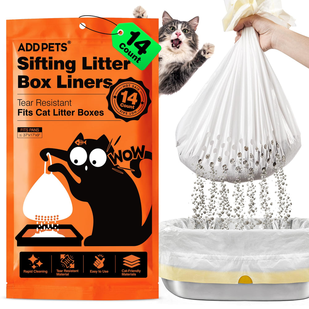 ADDPETS sifting liner packaging shows easy setup for tidy litter changes.
