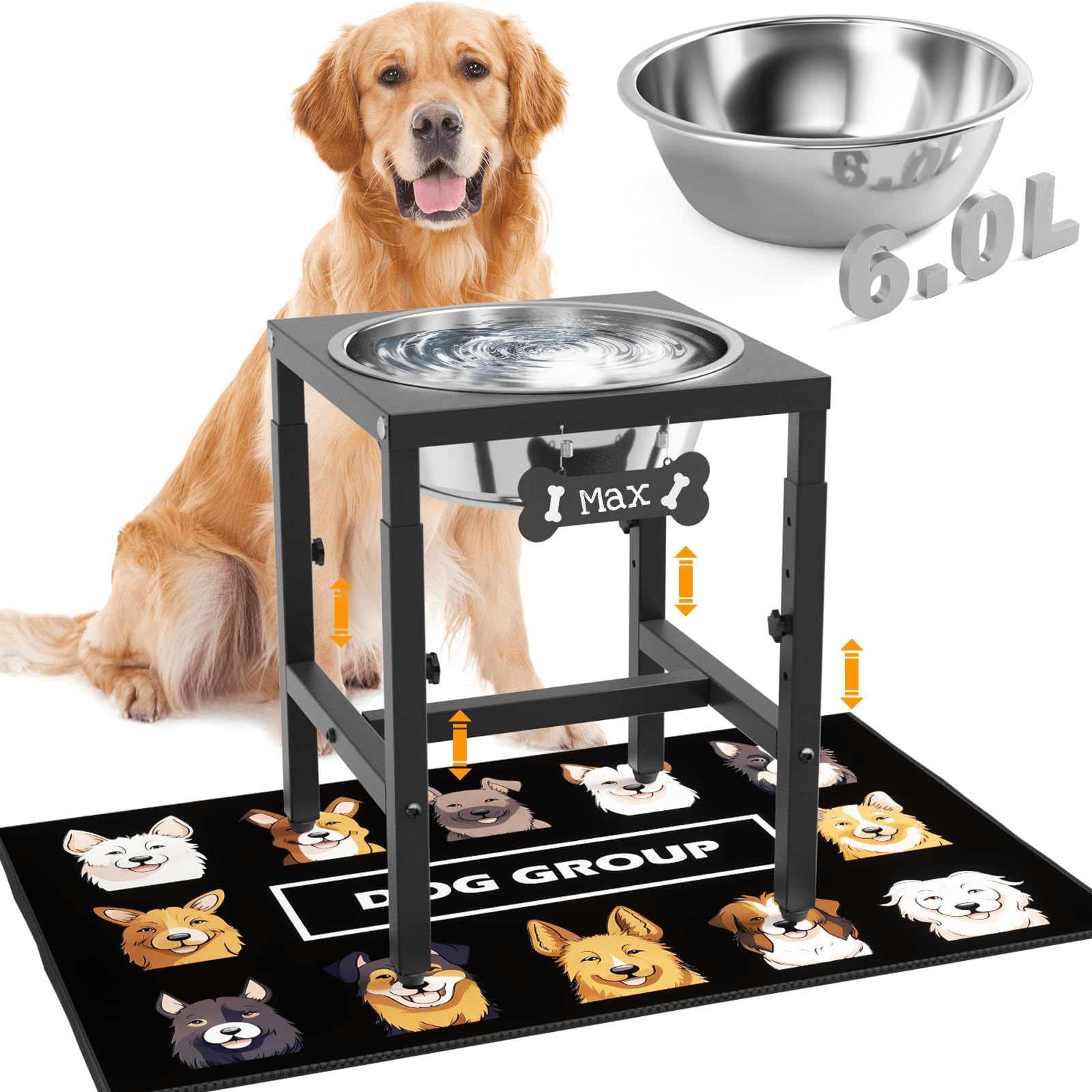 ADENGL 1.6-gallon elevated dog water bowl with sturdy stand for large breeds.