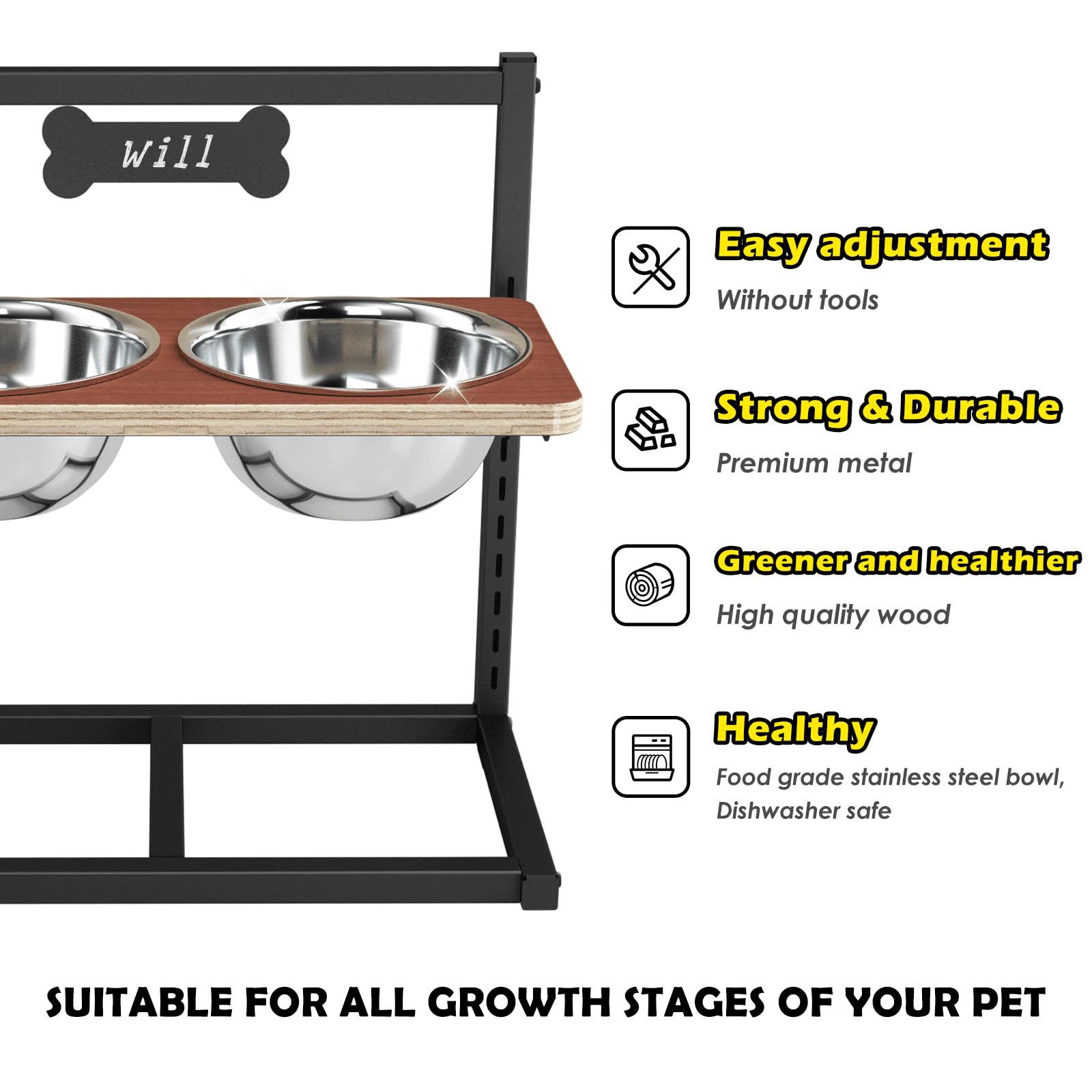 ADENGL 9-height adjustable stand accommodates growth from puppies to adults.