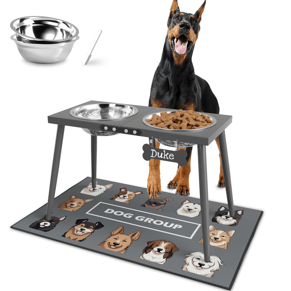 ADENGL elevated dog bowls on gray stand provide comfortable feeding height for large dogs.