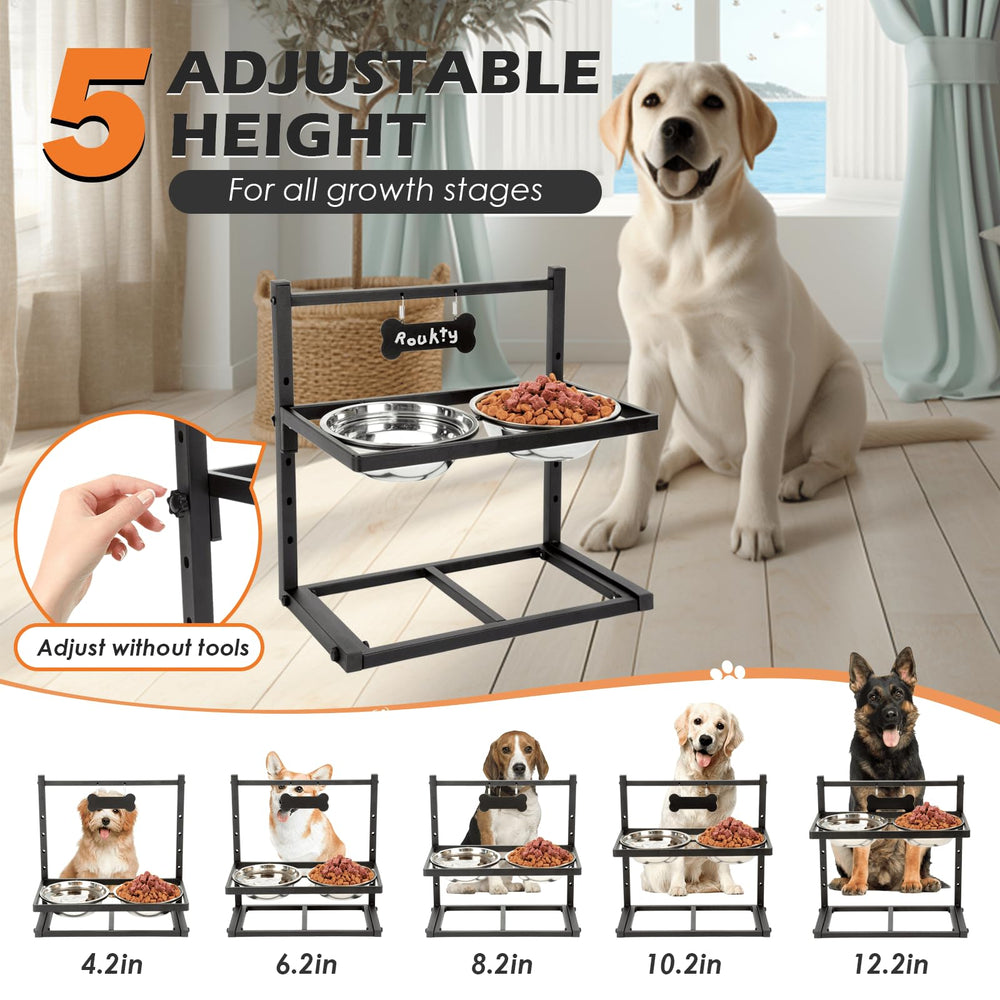 ADENGL height-adjustable stand shown at multiple heights for growing dogs