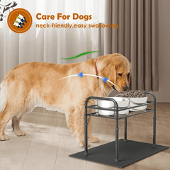 ADENGL raised dog bowl stand showing four adjustable heights for dogs.