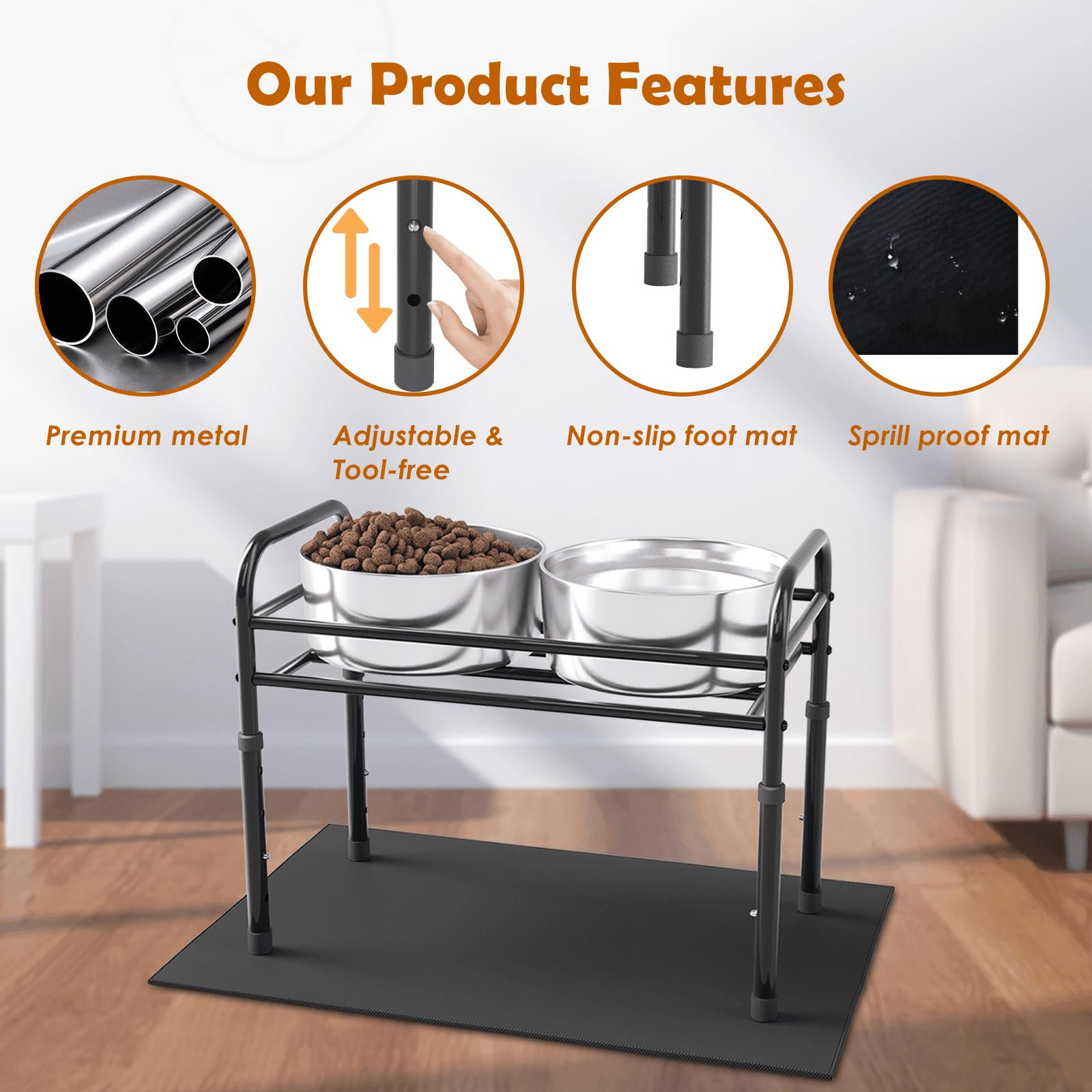 ADENGL raised dog bowl stand with non-slip base prevents spills during meals.