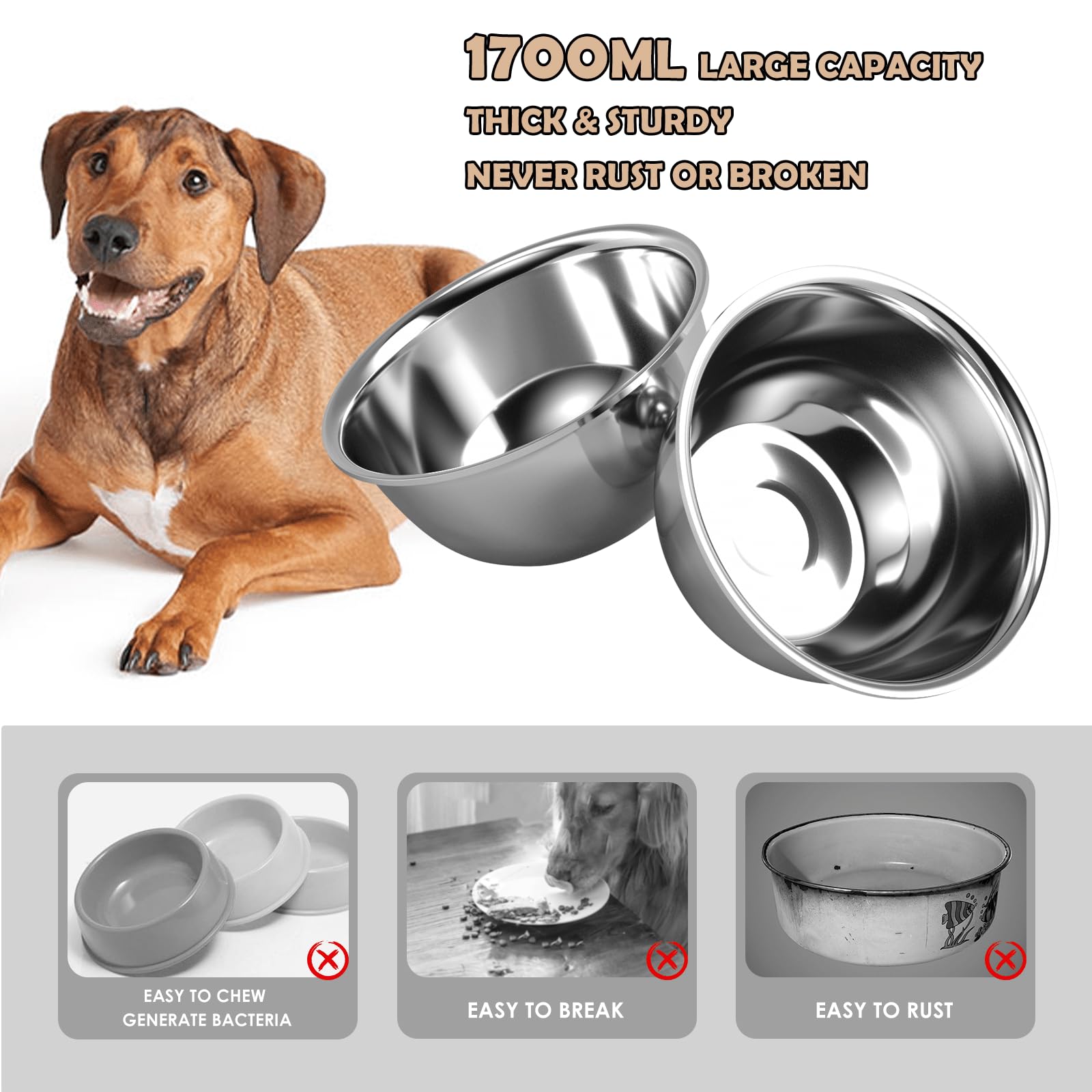 ADENGL two stainless steel bowls (1700ml) for mess-free dining.