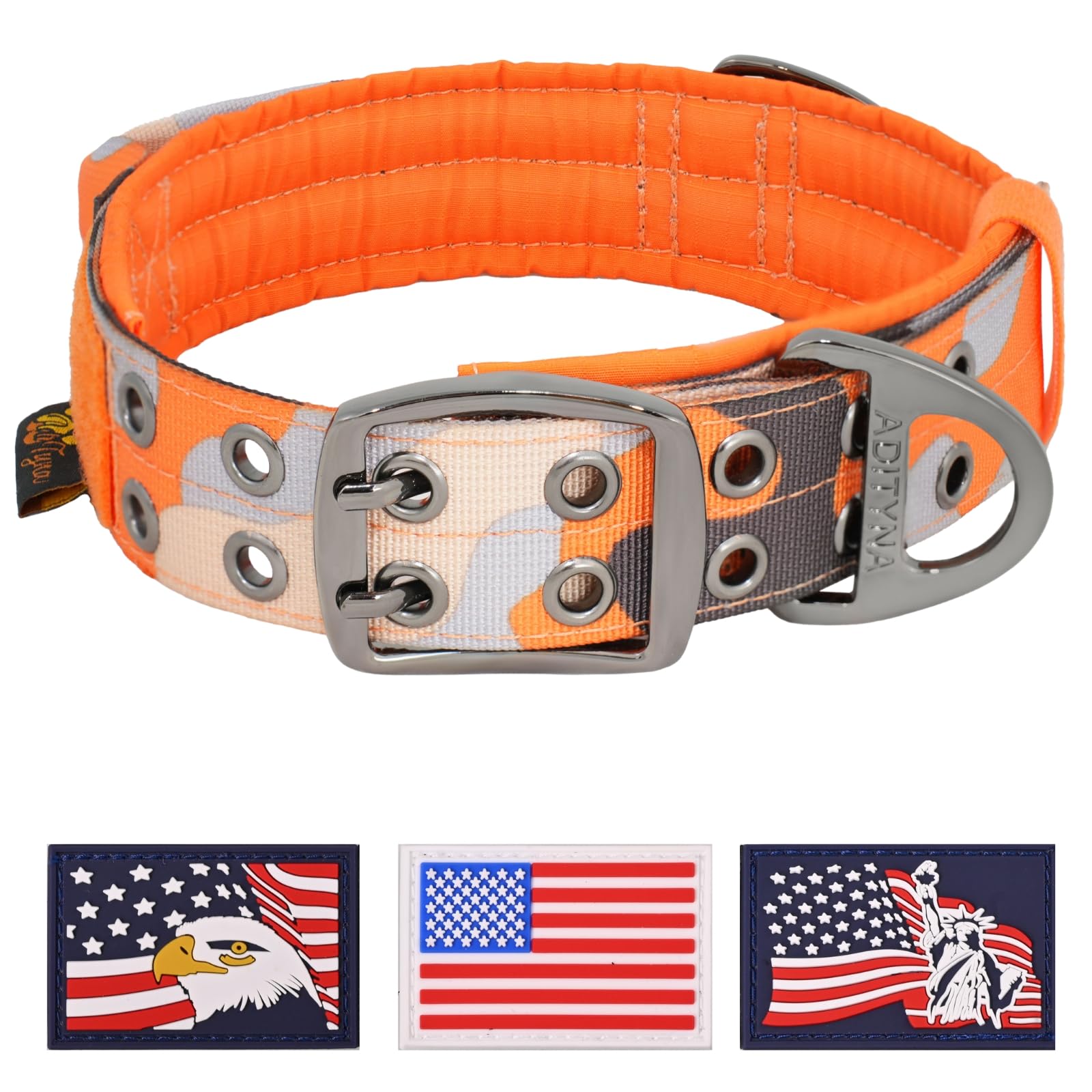 ADITYNA heavy-duty dog collar close-up showing rugged camo orange design for large breeds