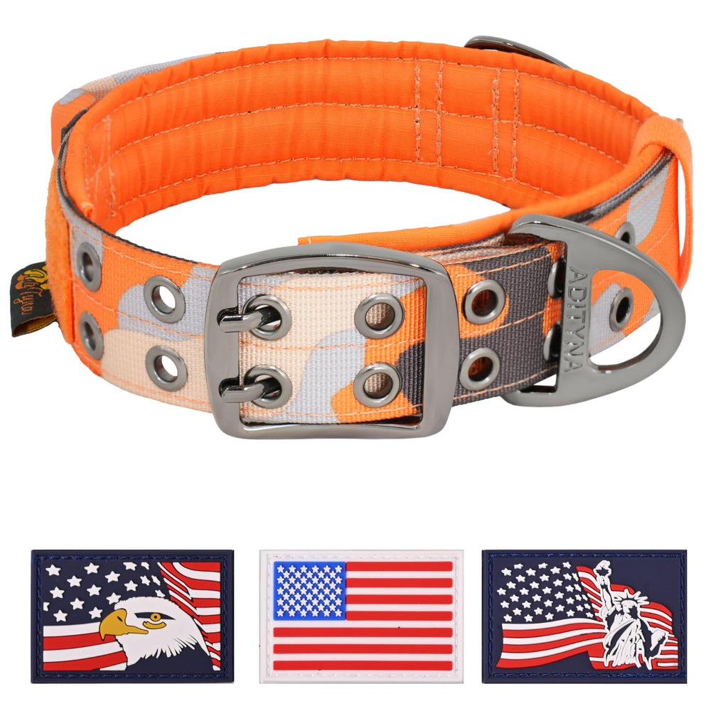 ADITYNA heavy-duty dog collar close-up showing rugged camo orange design for large breeds