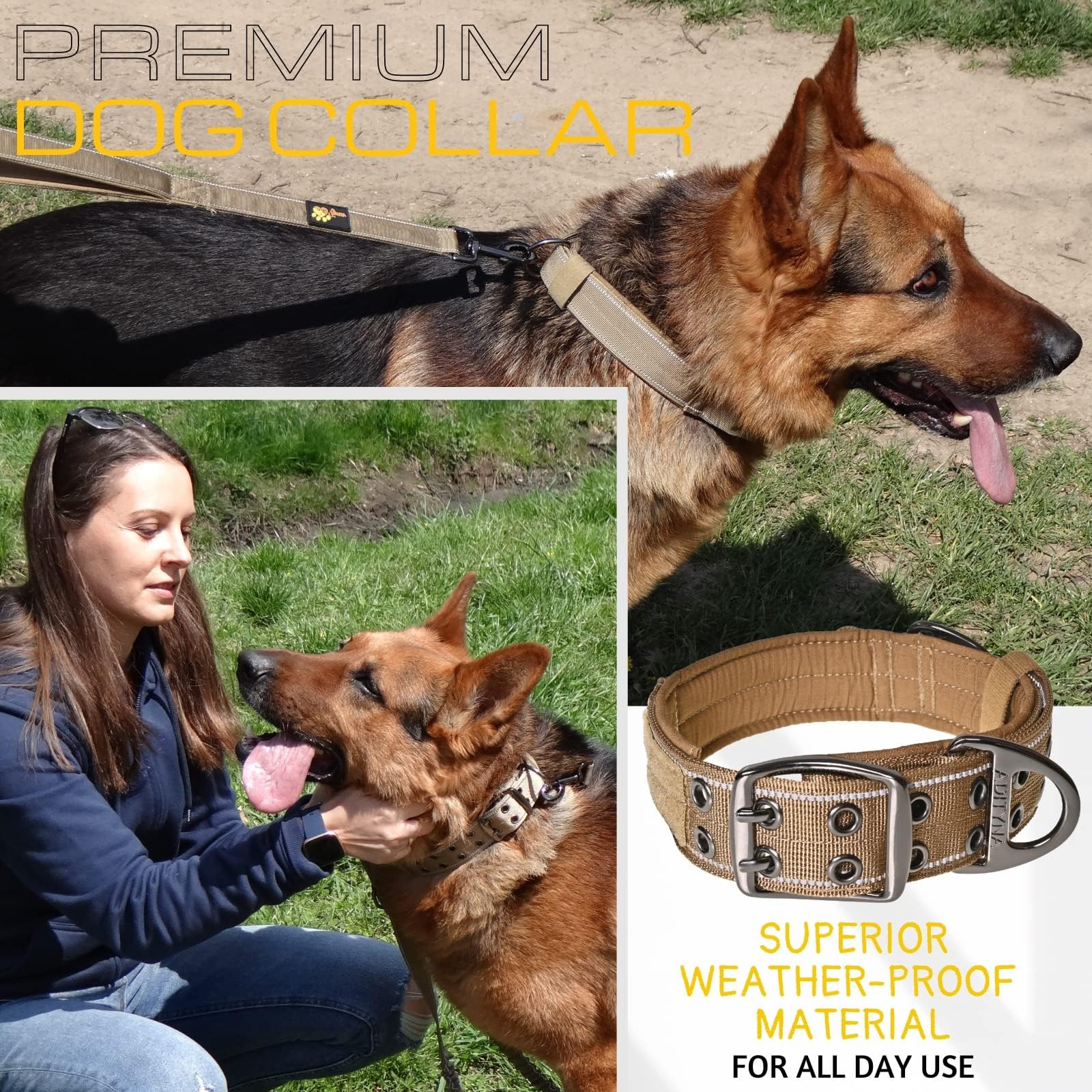ADITYNA adjustable collar fits 18 to 23 inches for large breeds.