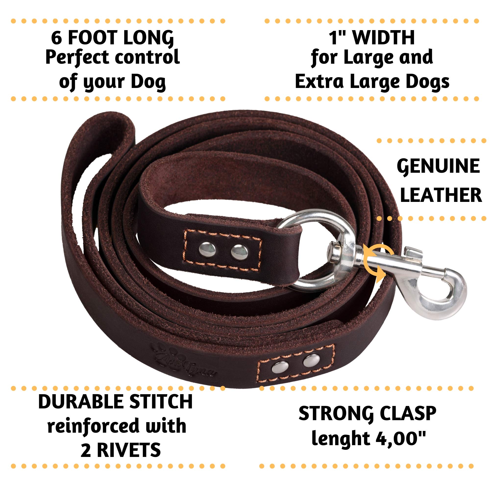 ADITYNA leather leash with soft-grip handle for comfortable control.